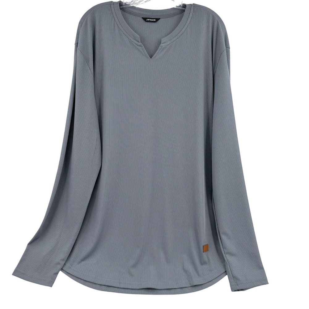 JMIERR Womens 2XL Grey Ribbed Long Sleeve Notch Neck T-Shirt Curved Hem Top